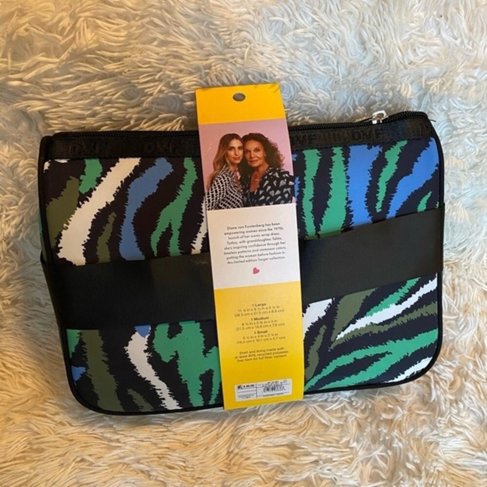 New Diane Von Furstenberg 3 Piece Travel Pouch Set in Blue, Green and Black - Picture 2 of 9
